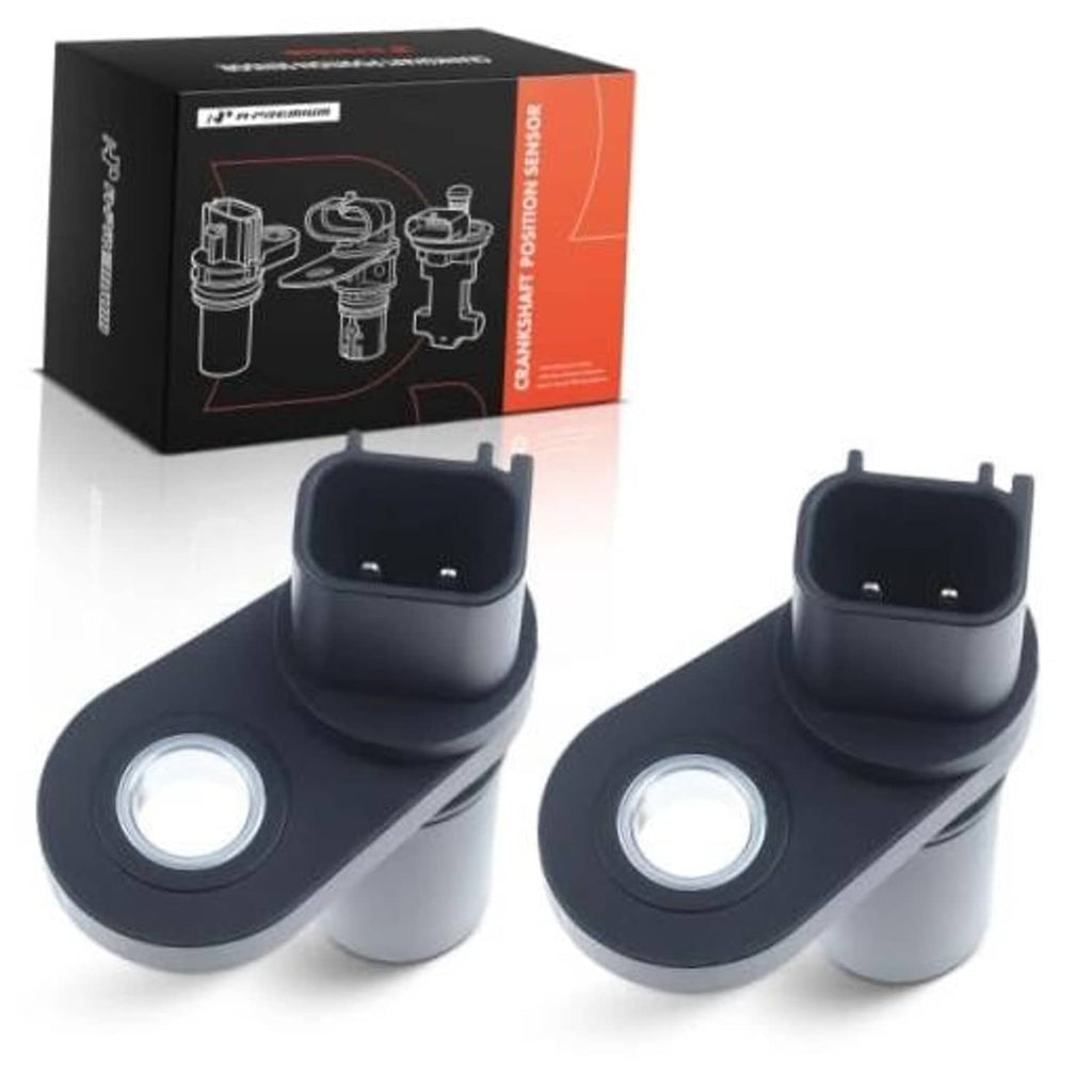 Engine camshaft position sensor pair with black plastic connector and mounting ears