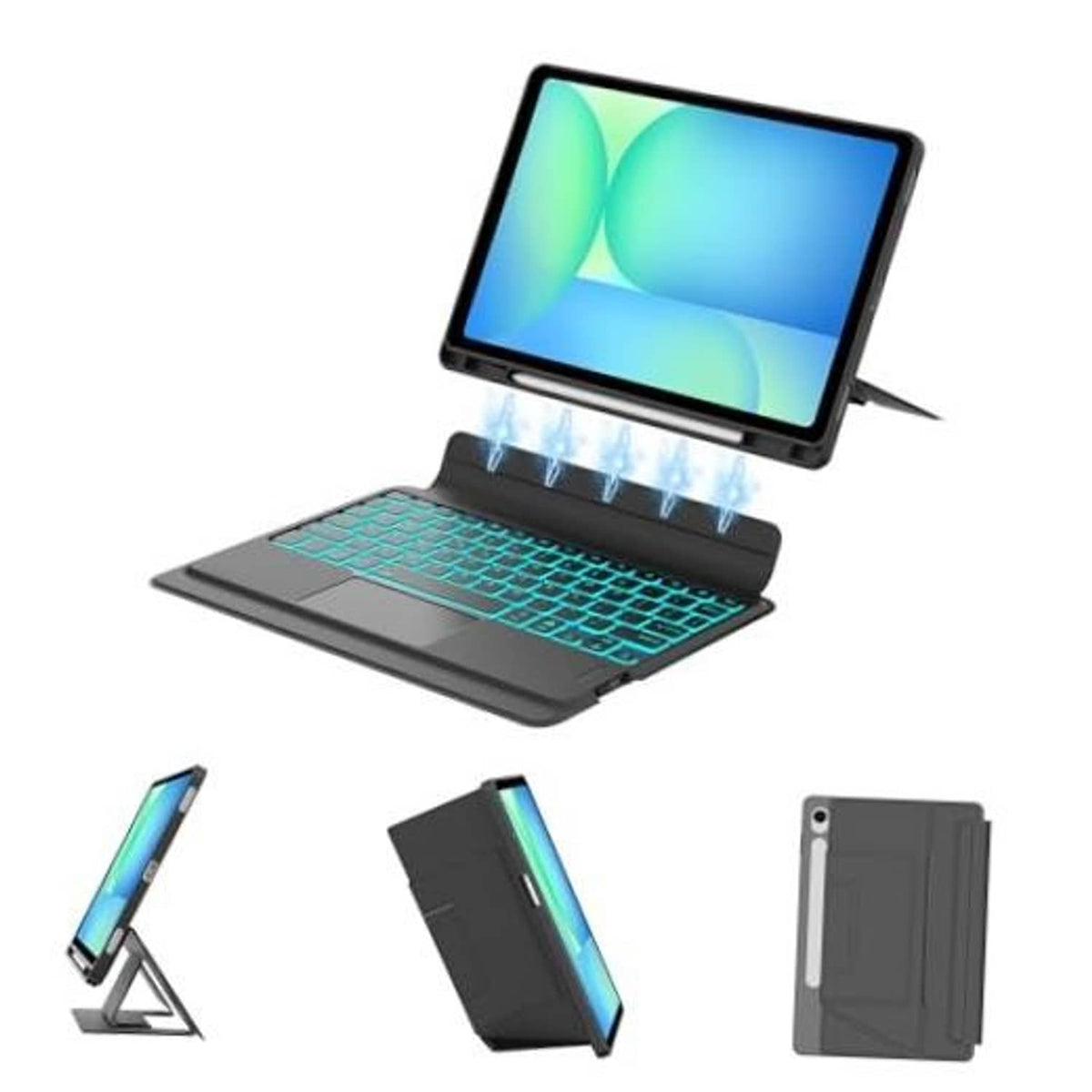 Black tablet keyboard case with detachable stand and teal backlit keys, large touchpad