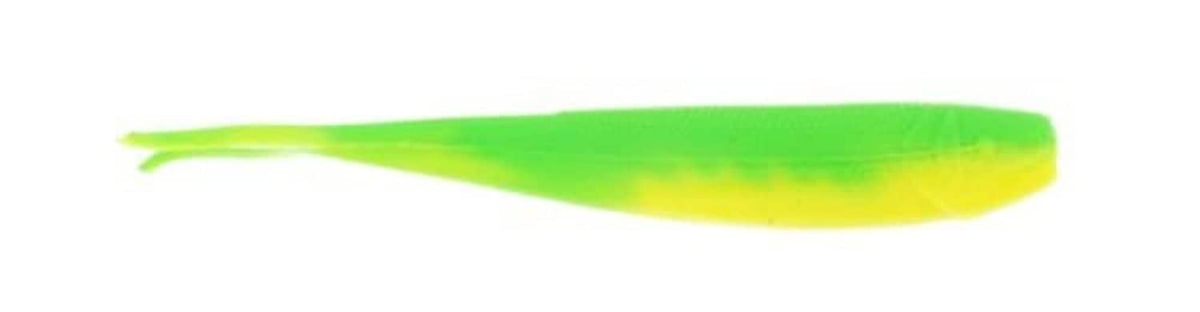 Chartreuse green fishing minnow lure with curved tail and hook