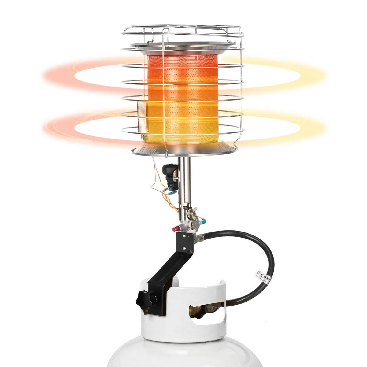 Propane radiant heater with glowing burner and protective metal cage over tank