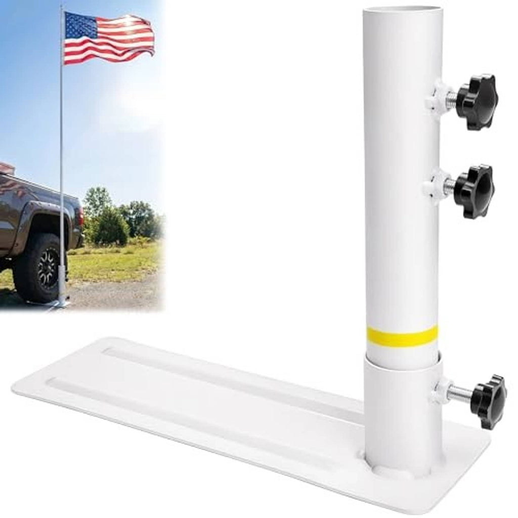 White portable flag pole mount with flat base and three black mounting clamps
