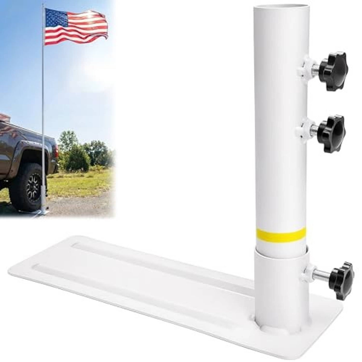 White portable flag pole mount with flat base and three black mounting clamps