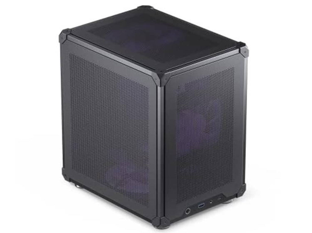 Black mini micro-ATX PC case with mesh front/side panels and top cover, corner design