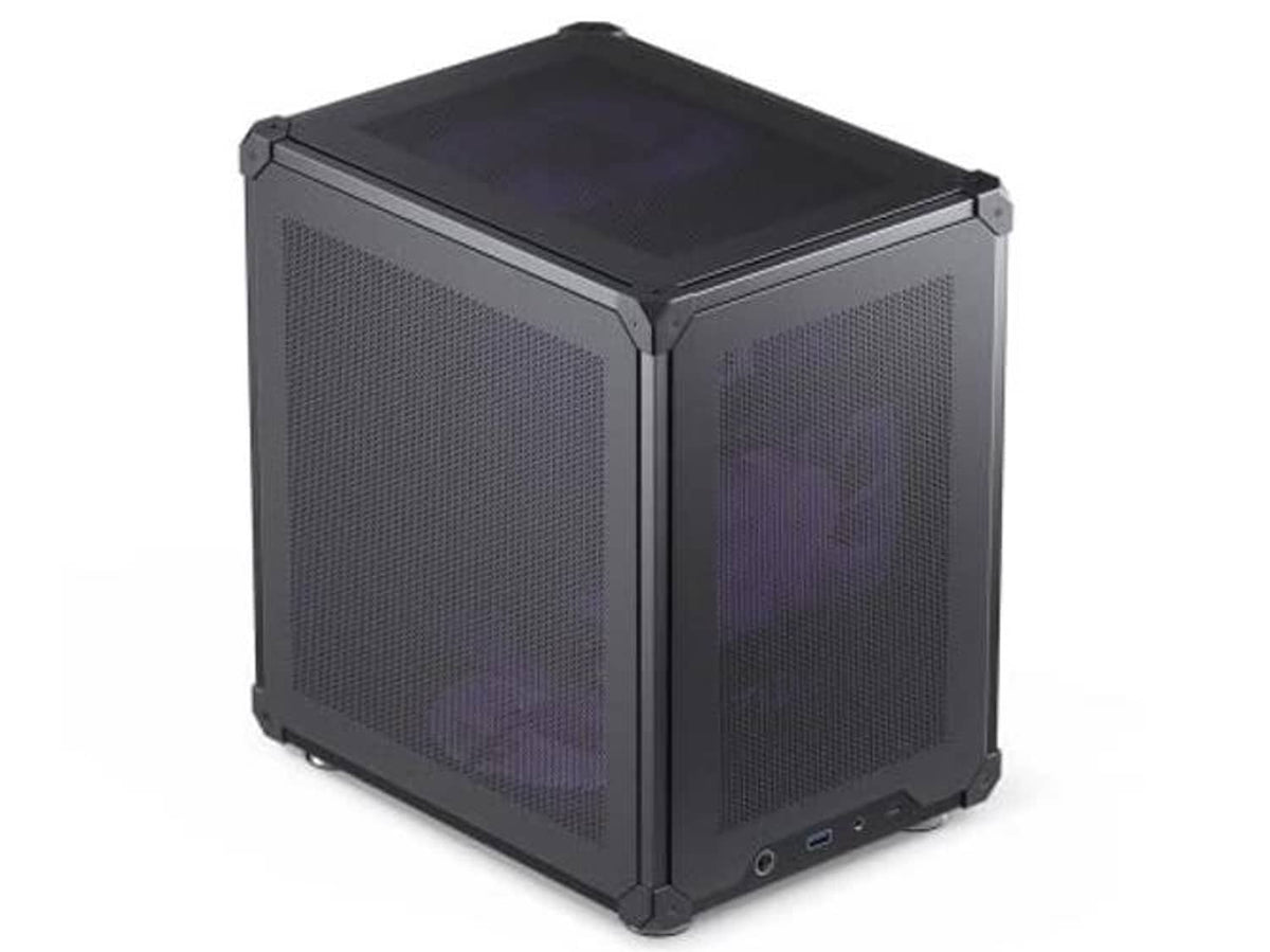 Black mini micro-ATX PC case with mesh front/side panels and top cover, corner design