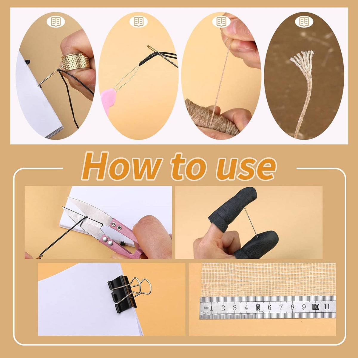 Book binding how-to showing wax thread, needle, thimble, and bone folder tools