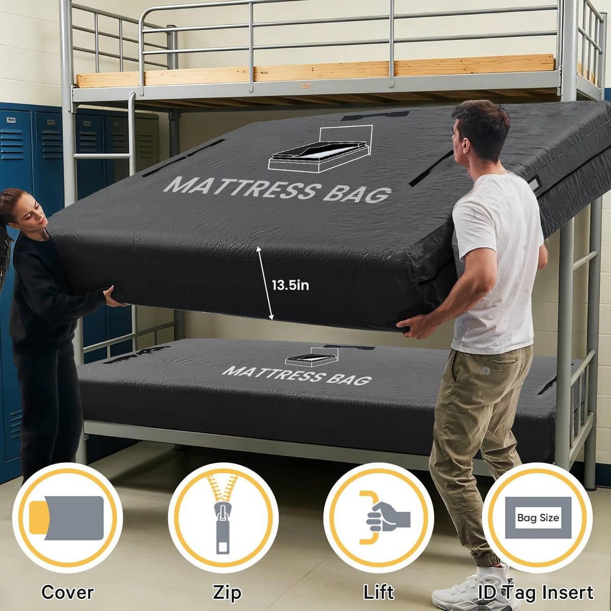 Black twin XL mattress bag with logo, shown on stacked mattresses