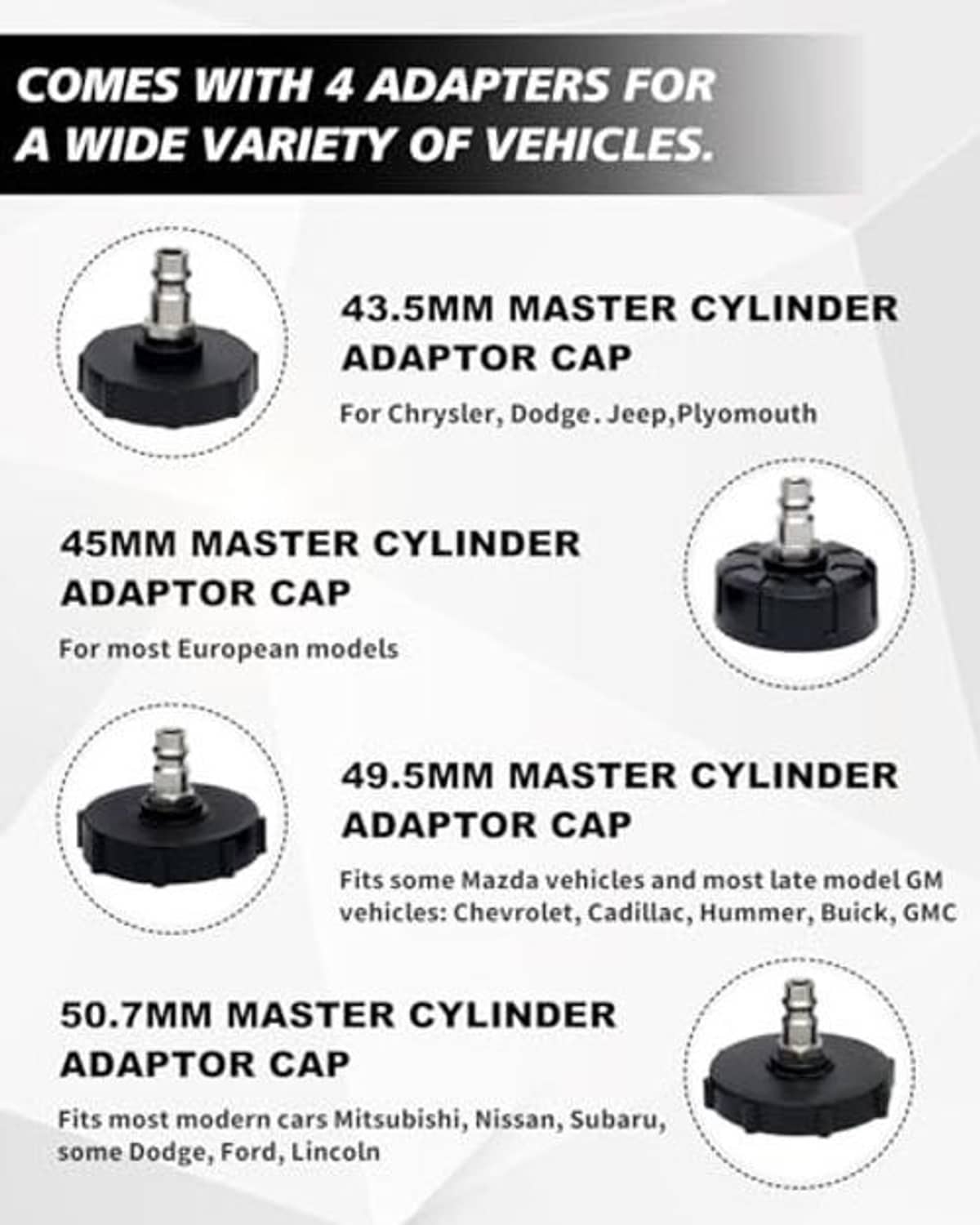 Brake bleeder kit includes four master cylinder adapter caps for different vehicle reservoirs
