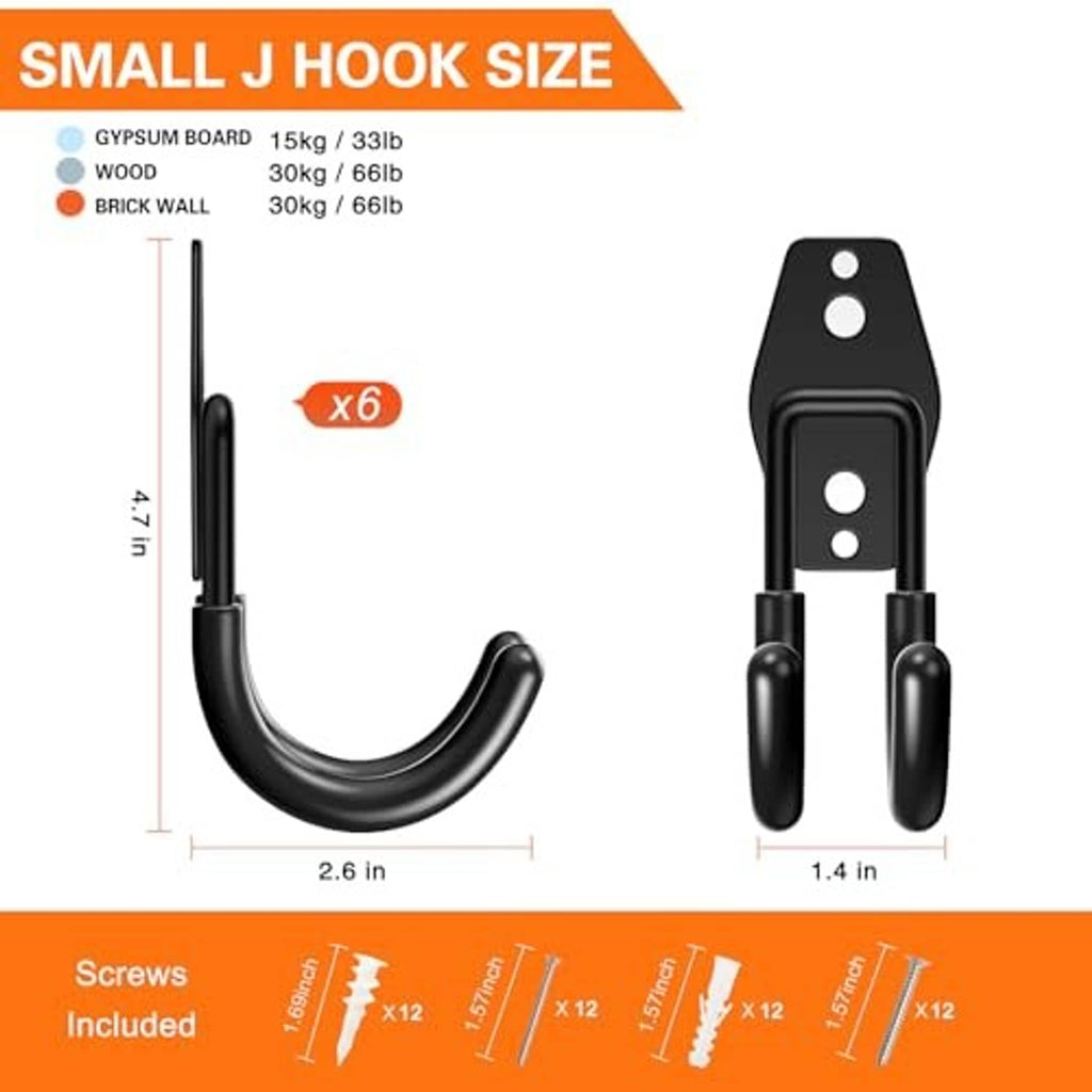 Small black J-hook with mounting plate and curved arm, shown with screws