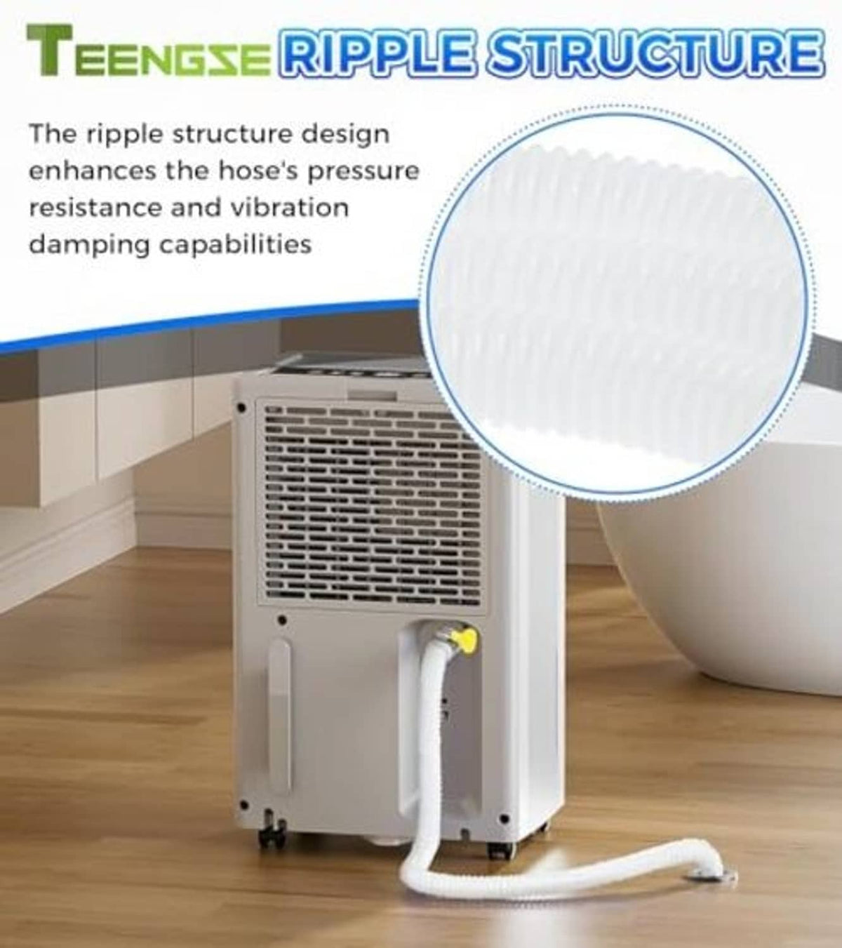 White corrugated drain hose with clamp attachment, ripple texture close-up