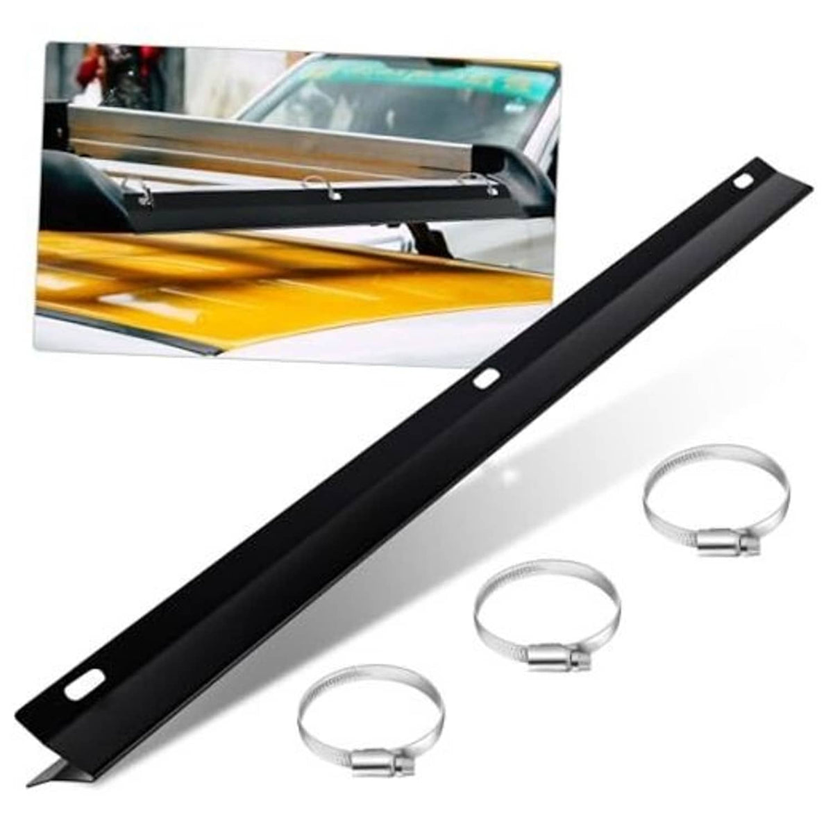 Black roof rack wind deflector bar with 3 ring clamps