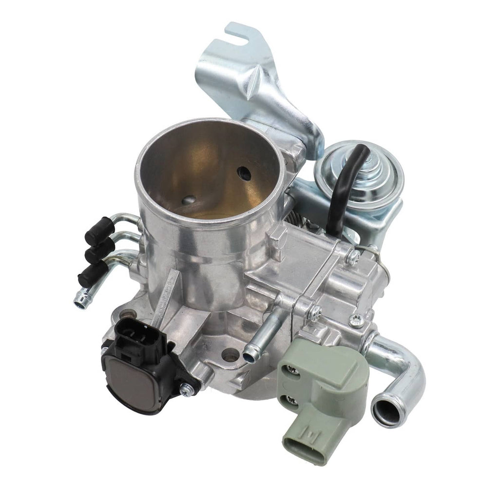 Throttle body assembly with silver metal body, valves, and green electrical connector