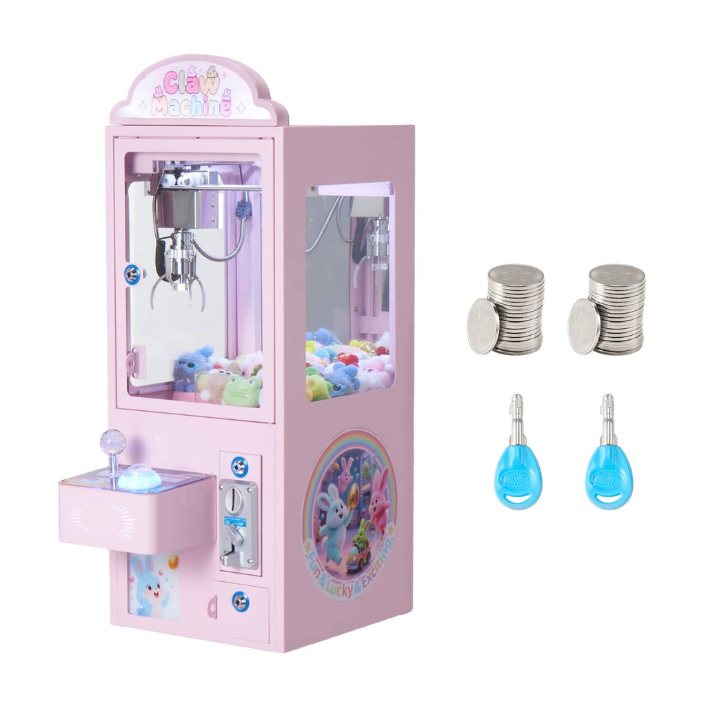 Pink claw crane arcade machine front view with claw and prize compartment window