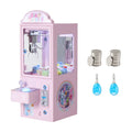 Pink claw crane arcade machine front view with claw and prize compartment window