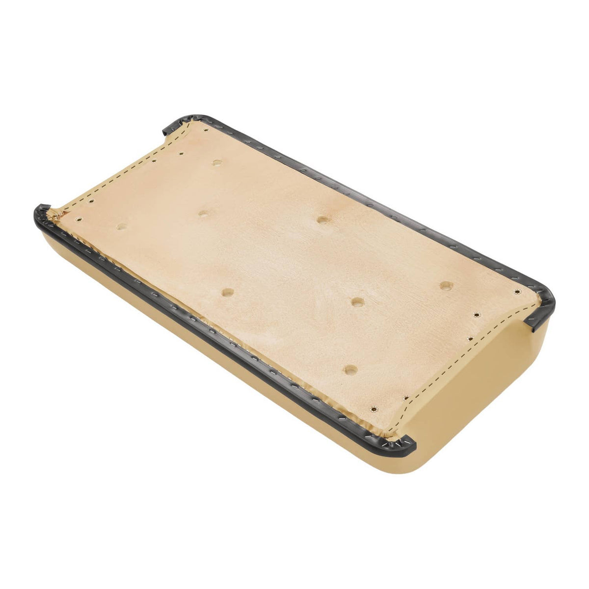 Tan cushion underside with stitched panel and black trim around perimeter