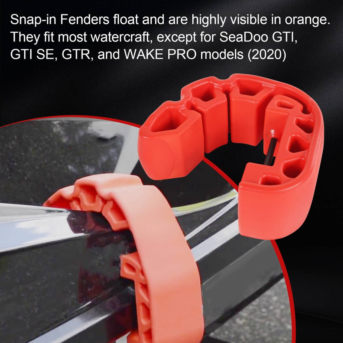 Red snap-in bumper fender clips attached to a black hull panel, set