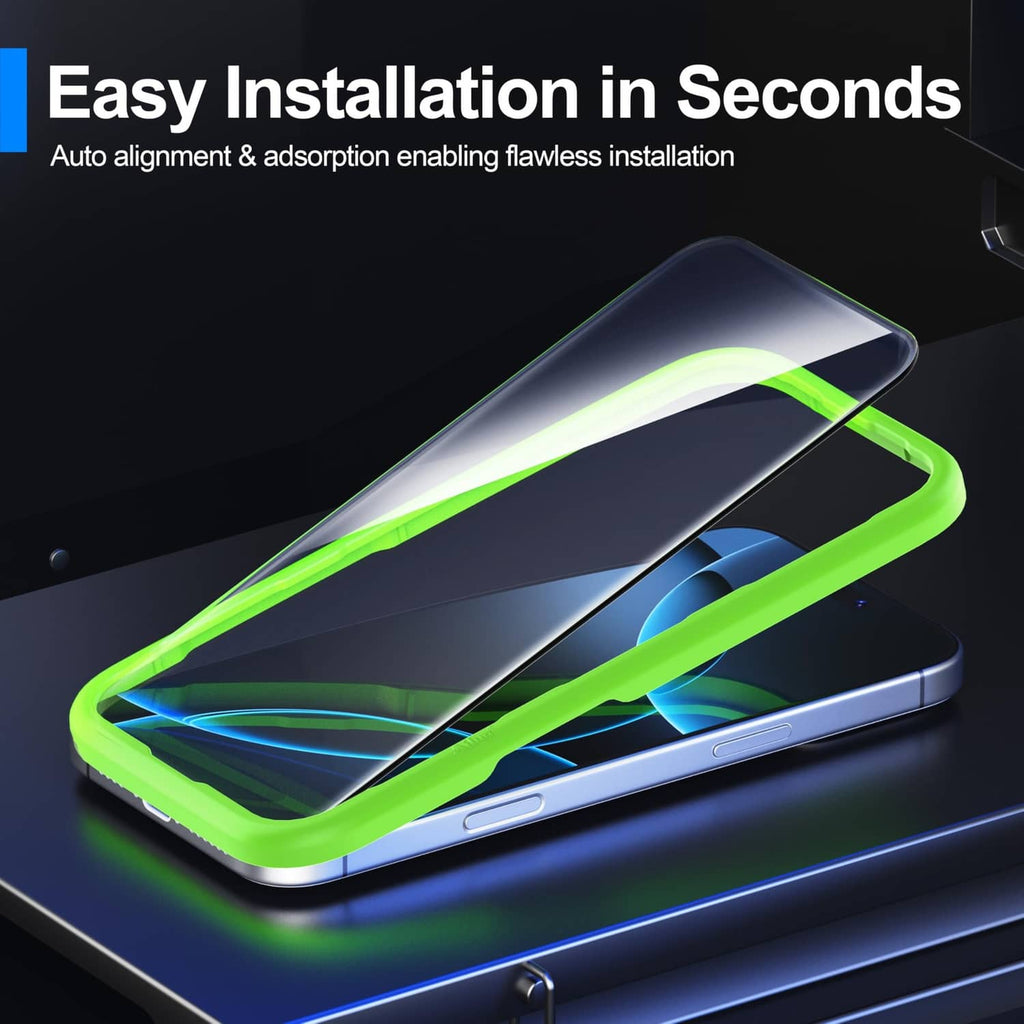 Screen protector installed on phone display with green frame outline
