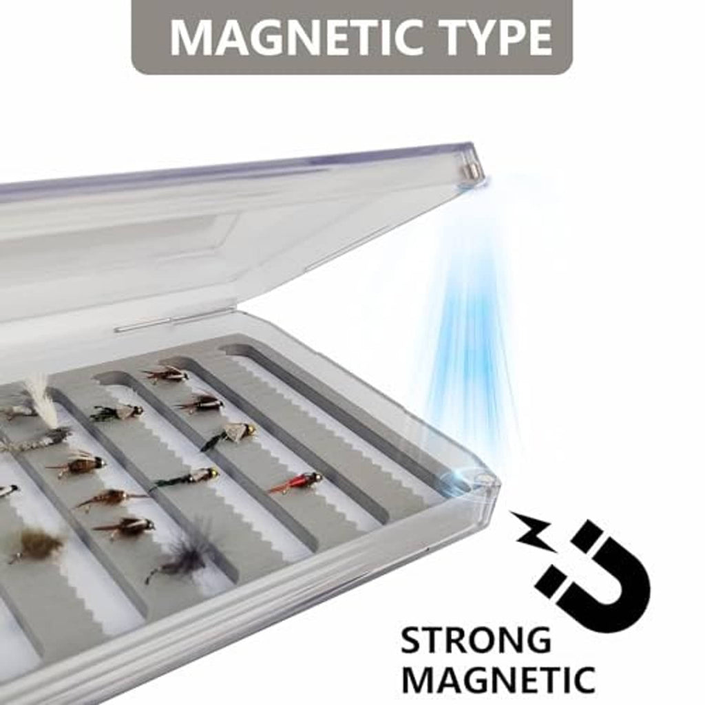 Clear fly box with magnetic closure holding lures on ribbed inserts
