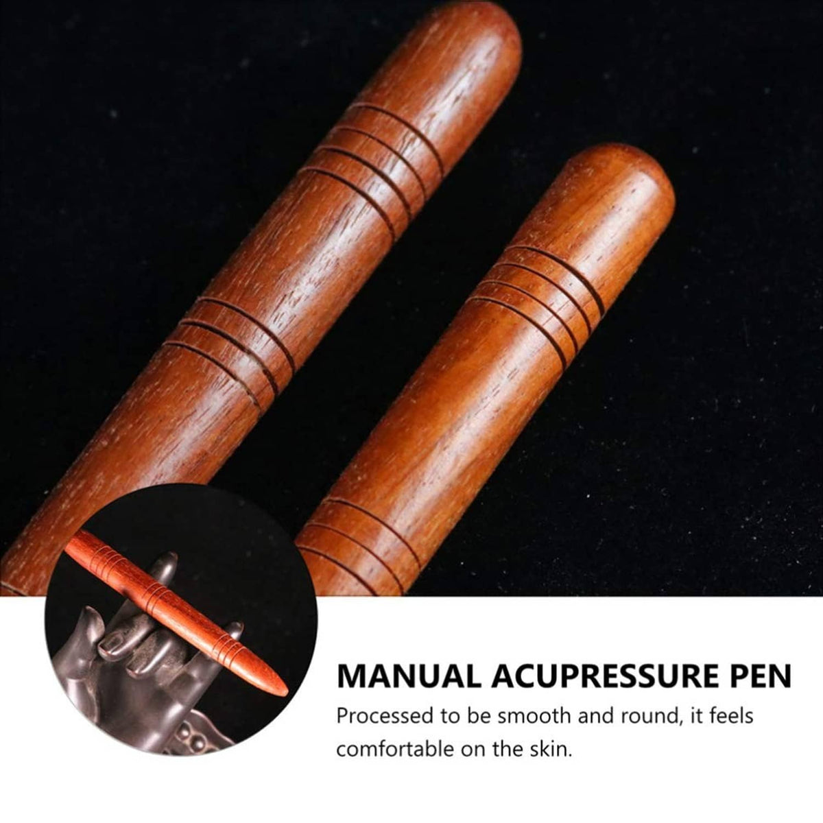Two brown wooden acupressure massage pens with ridged bands and smooth pointed ends