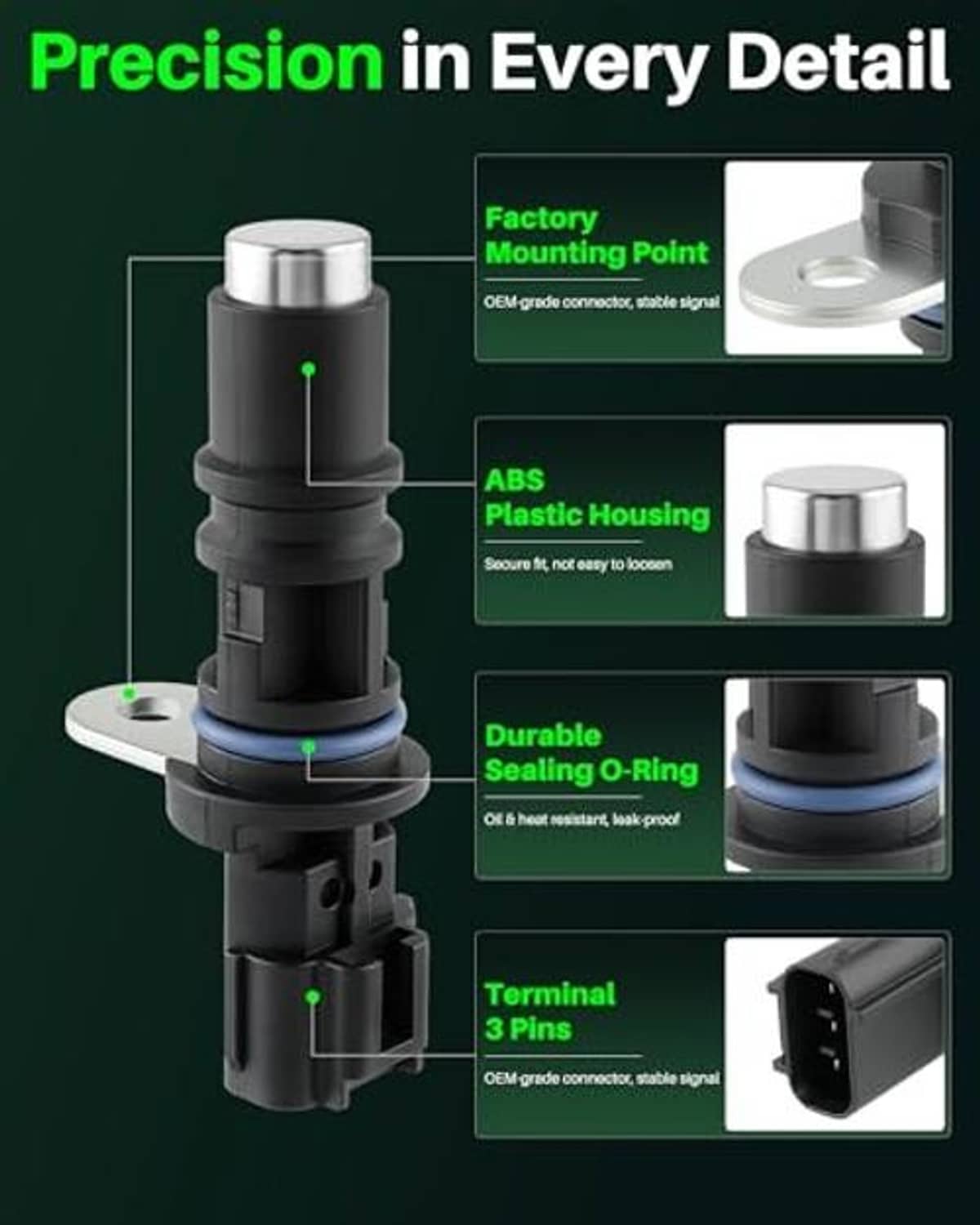 Camshaft position sensor with ABS plastic housing, mounting flange, and blue O-ring seal