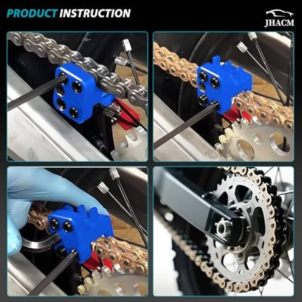 Master link press tool in use, pressing a motorcycle chain with the blue holder