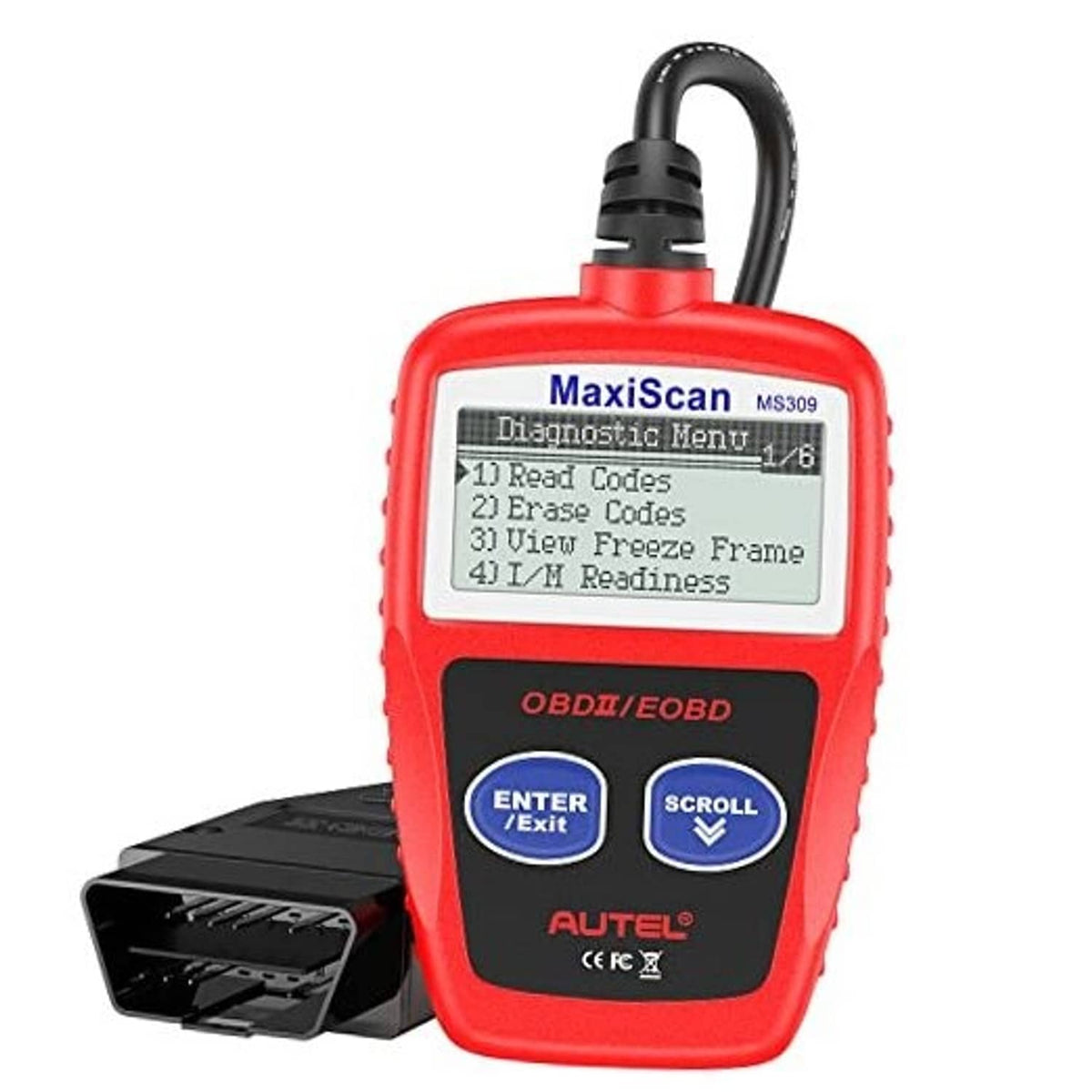 Red OBD II code reader with connected cable, LCD menu screen and Enter/Scroll buttons