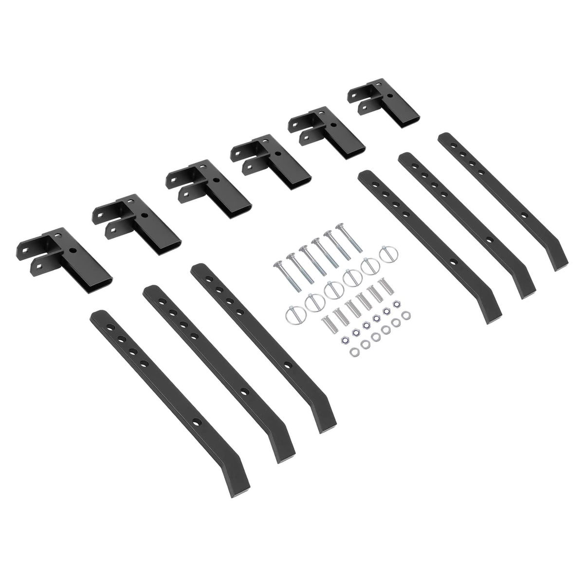 Powder-coated steel chisel plow mount kit parts with brackets and assorted fasteners