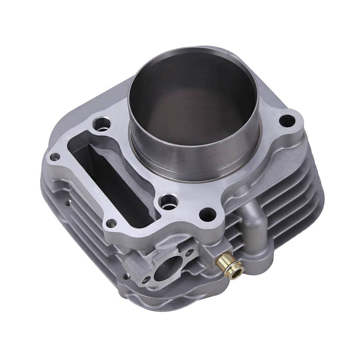80mm ATV cylinder top end rebuild kit, angled view of finned metal cylinder block