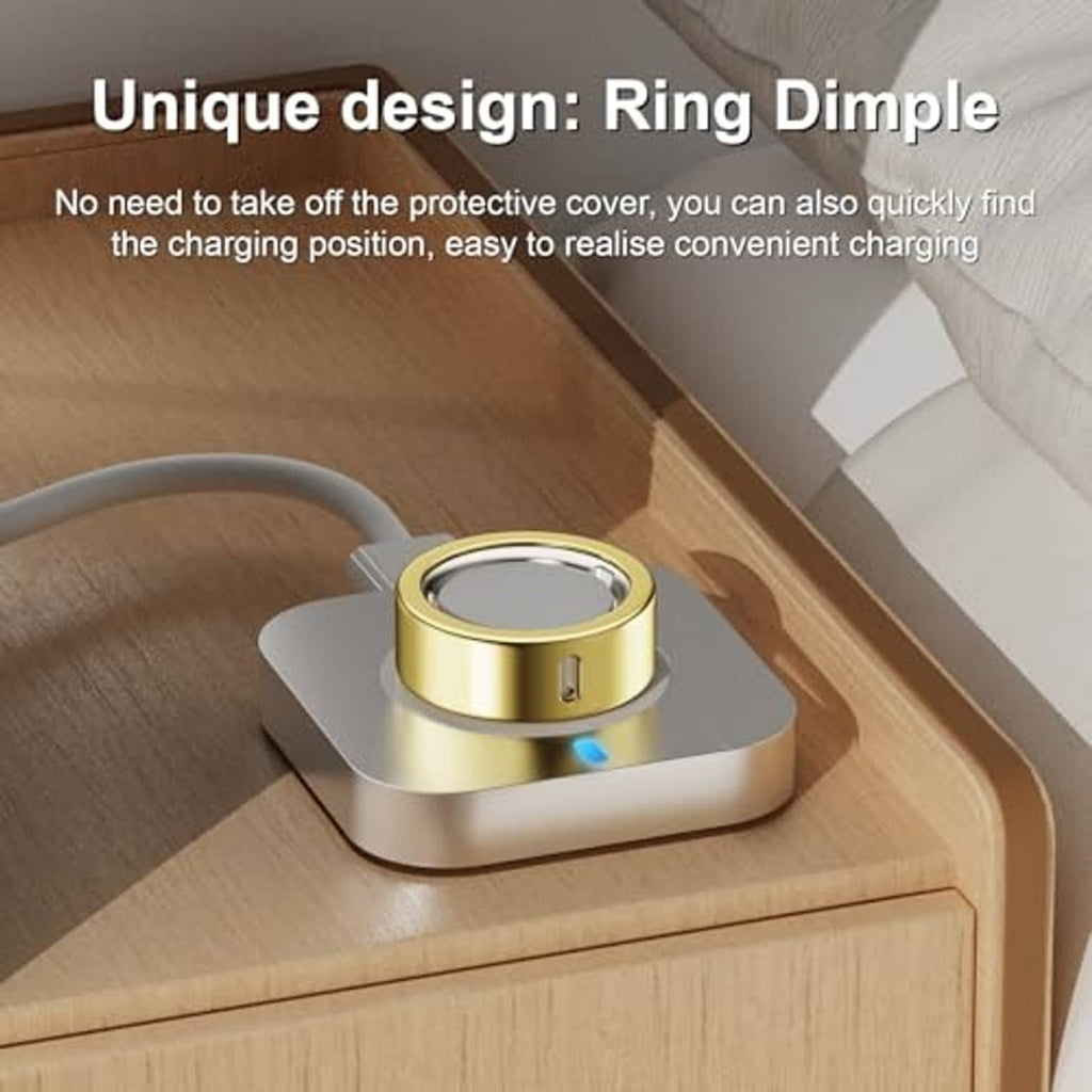Gold ring cover with charging-position dimple on a dock