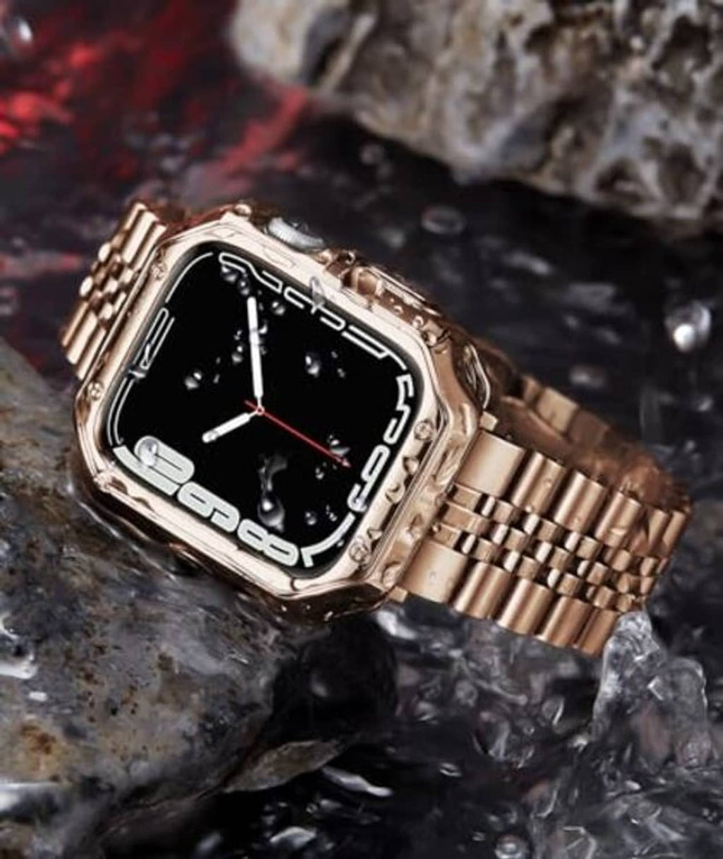 Rose gold metal link Apple Watch band with full watch face and clasp
