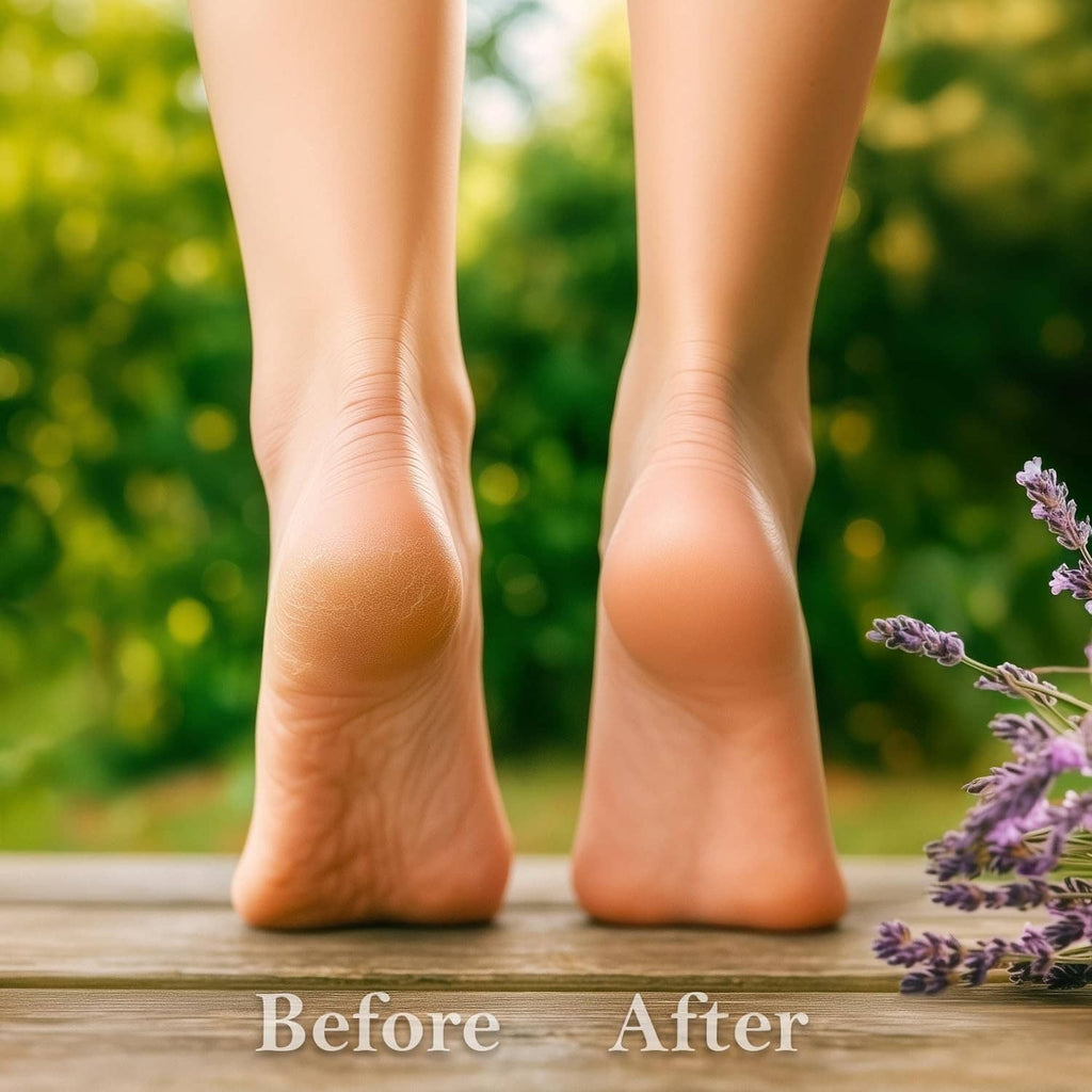 Bare feet before and after comparison with lavender sprigs near toes.