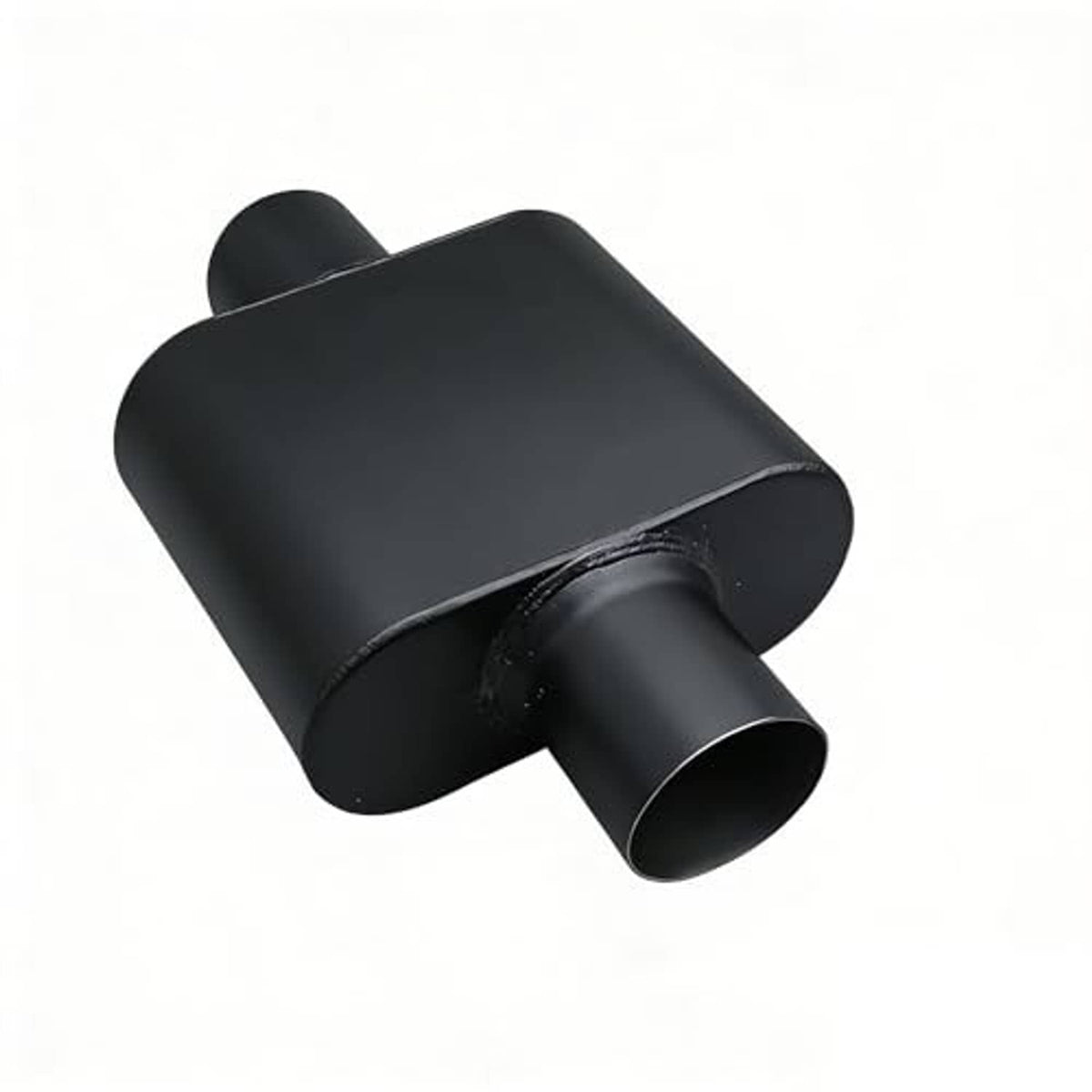 Black single-chamber muffler with rectangular body and side outlet tube