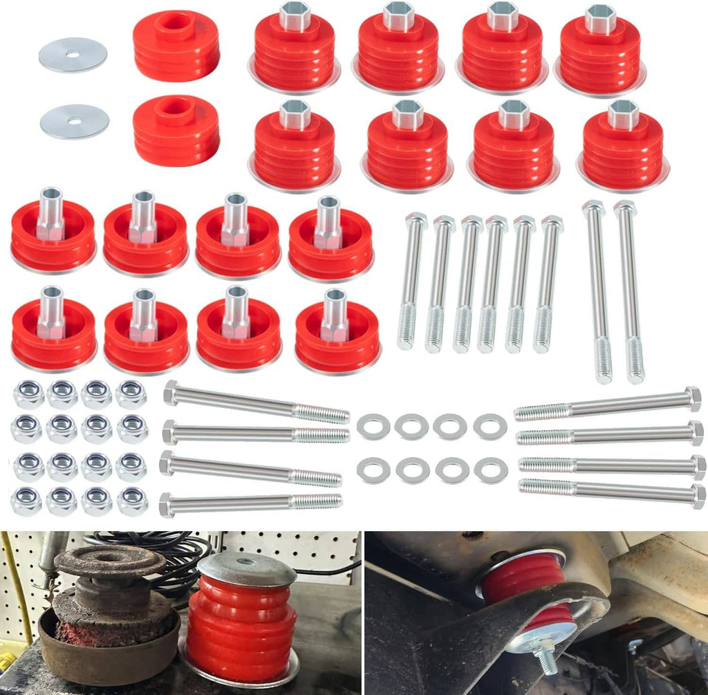 Red polyurethane body cab mount bushings kit with metal sleeves and mounting bolts.