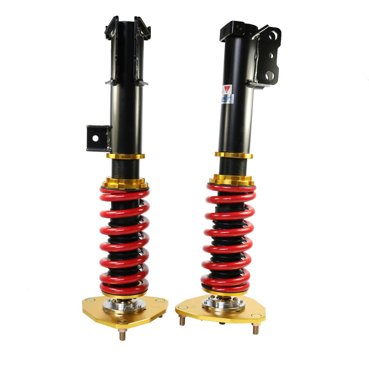 Pair of adjustable coilover struts with red springs and black bodies, gold mounting bases