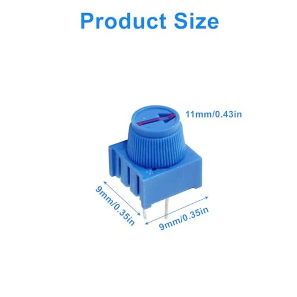 Blue trim potentiometer with knurled knob and mounted pins, 9mm x 11mm size