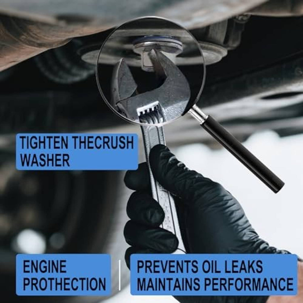 Ratchet wrench tightening an oil drain plug with gasket and crush washer