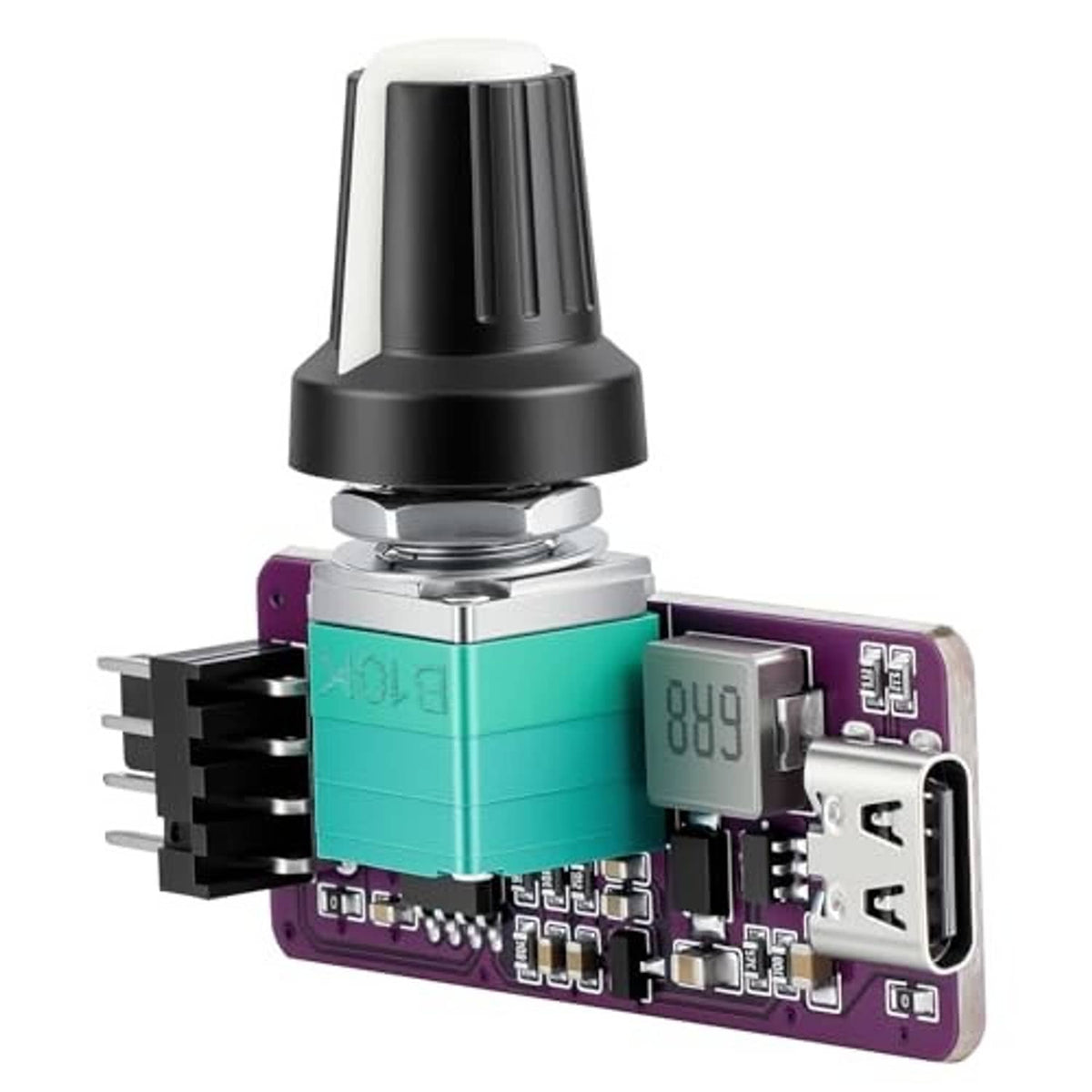 PWM fan speed adapter controller board with black dial, teal module, small display, USB-A ports