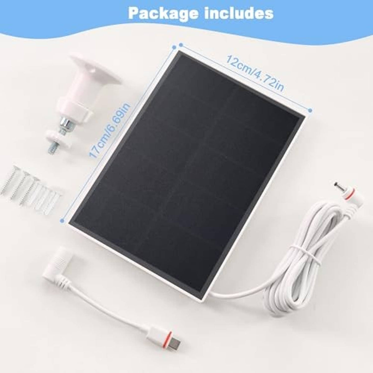Solar panel charger kit: dark panel, white mount parts, and white cable included