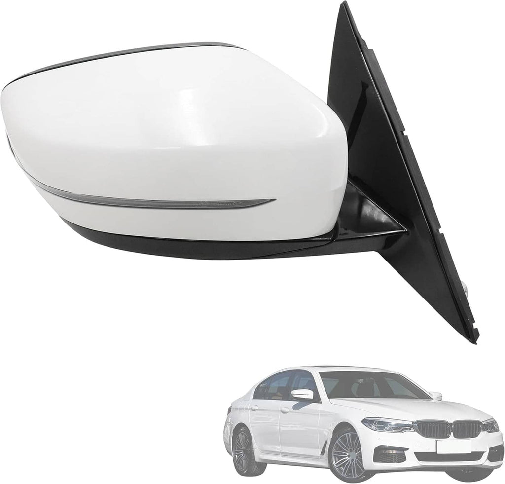 White passenger side mirror with black housing and integrated turn signal lens