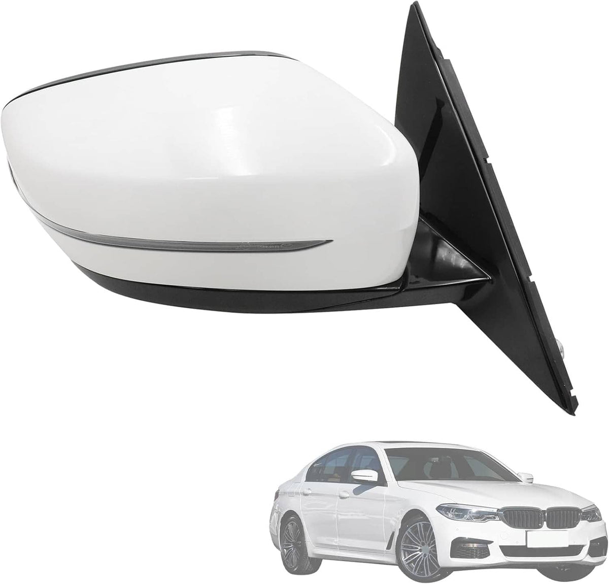 White passenger side mirror with black housing and integrated turn signal lens