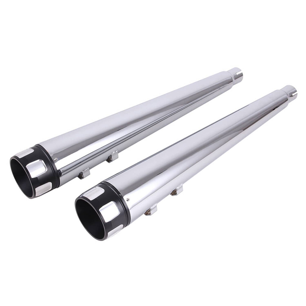 Two chrome 4-inch megaphone slip-on mufflers with black flanged outlets