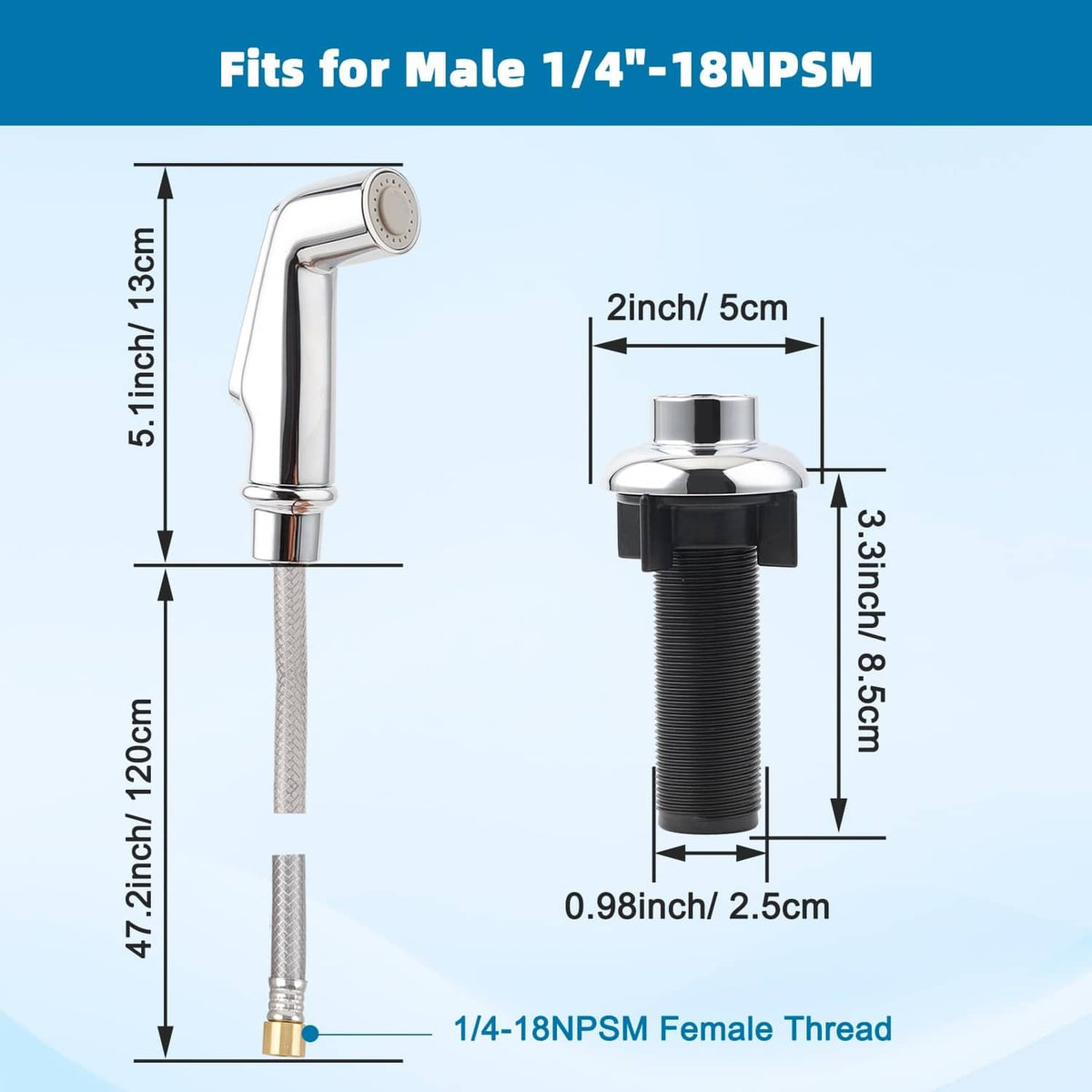 Kitchen side sprayer replacement size chart: 1/4"-18NPSM male thread, 4.72" hose length
