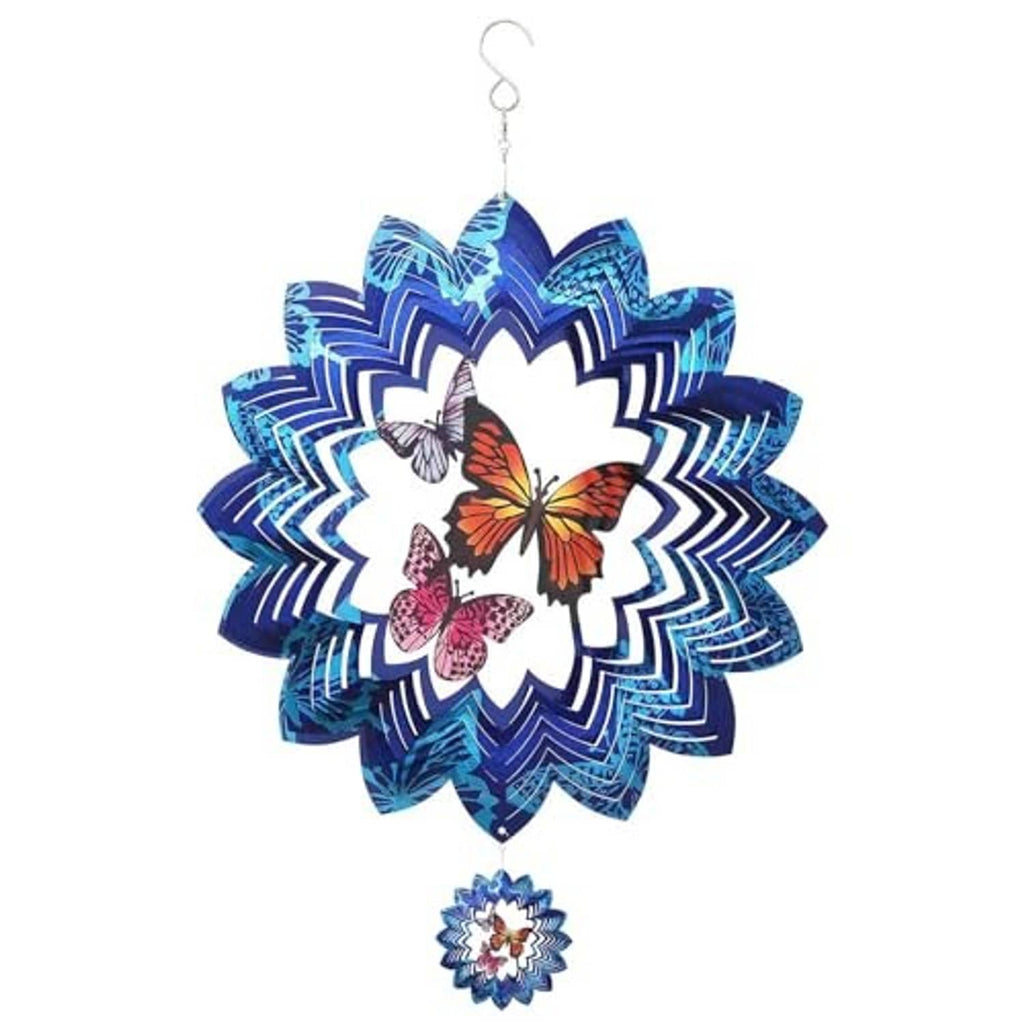 Blue and white butterfly wind spinner with stainless hook and small hanging flower charm