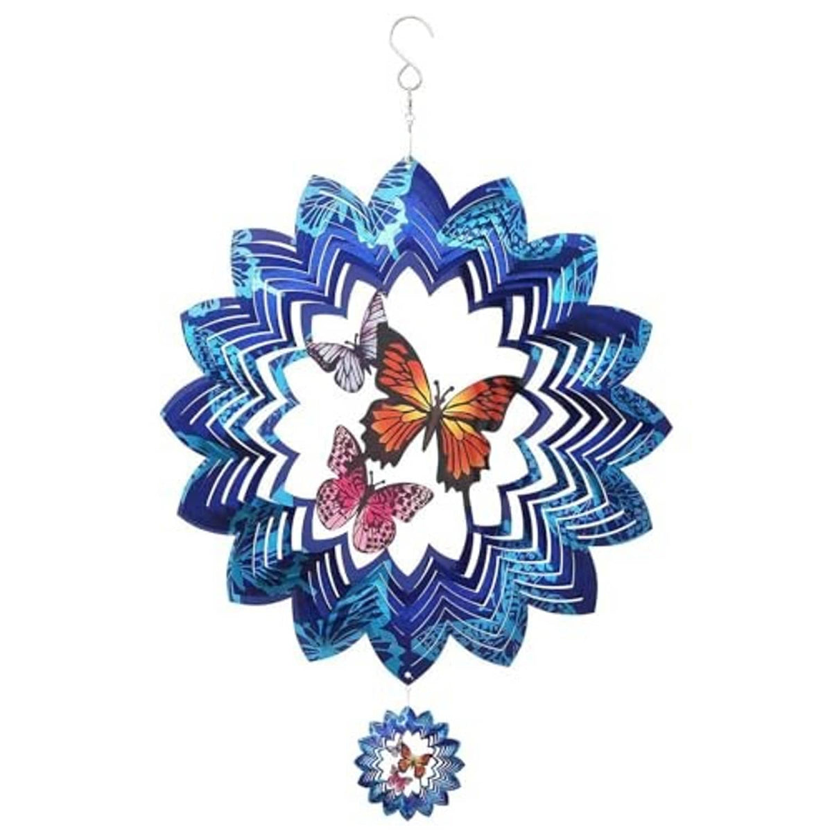Blue and white butterfly wind spinner with stainless hook and small hanging flower charm