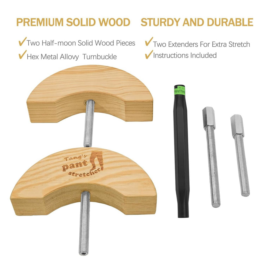 Pant waist stretcher parts: solid wood half-moon pieces with metal turnbuckle and rods