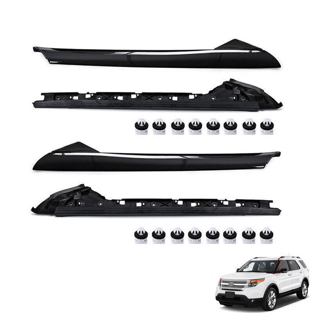 Windshield A-pillar trim set, black exterior covers with mounting slots and clips