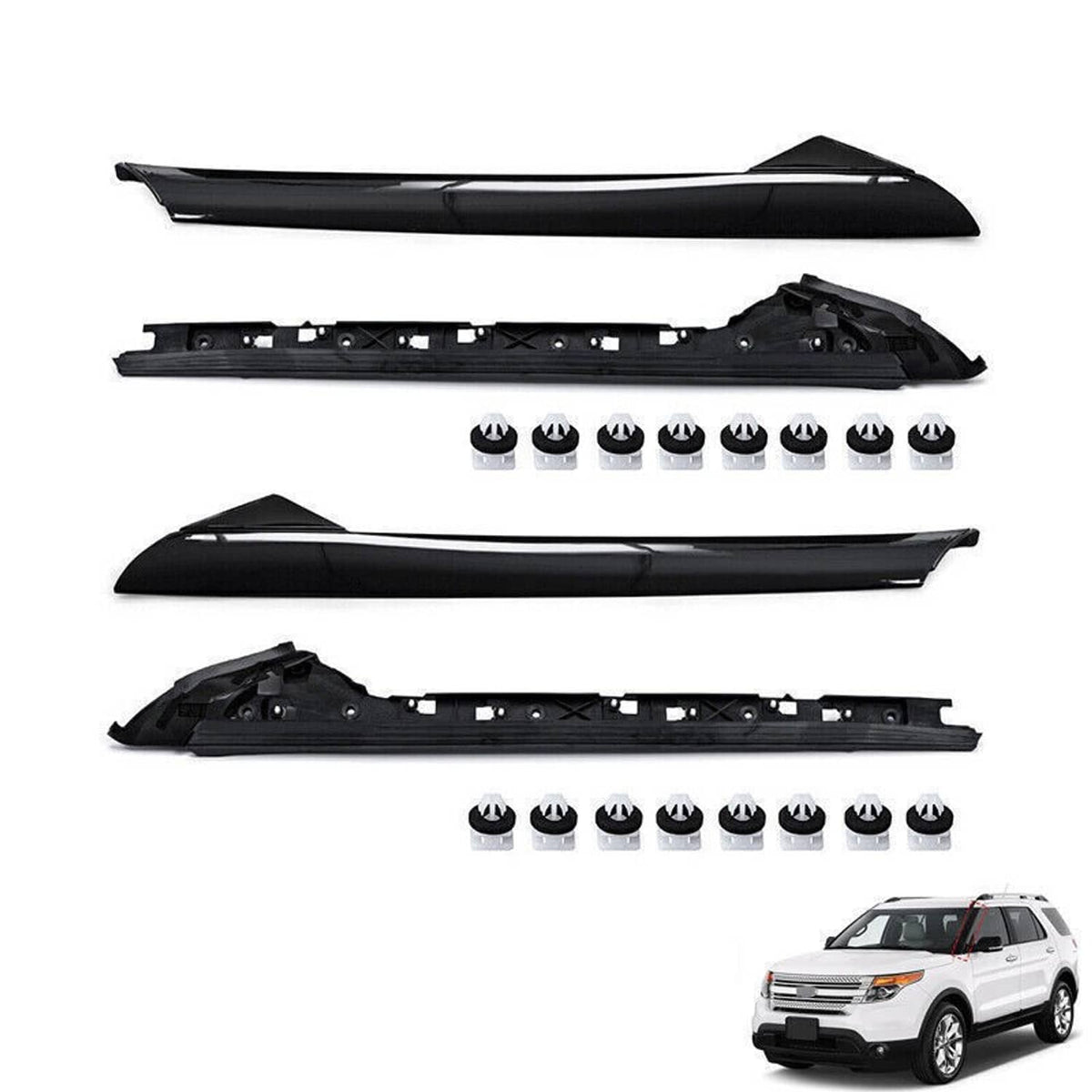 Windshield A-pillar trim set, black exterior covers with mounting slots and clips