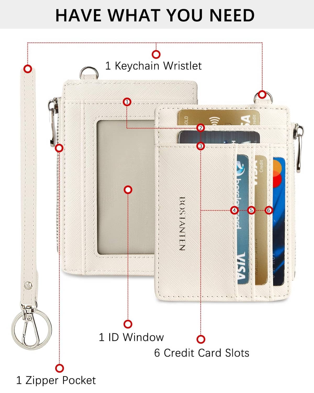 Beige slim wallet open view, showing zipper pocket and 6 card slots