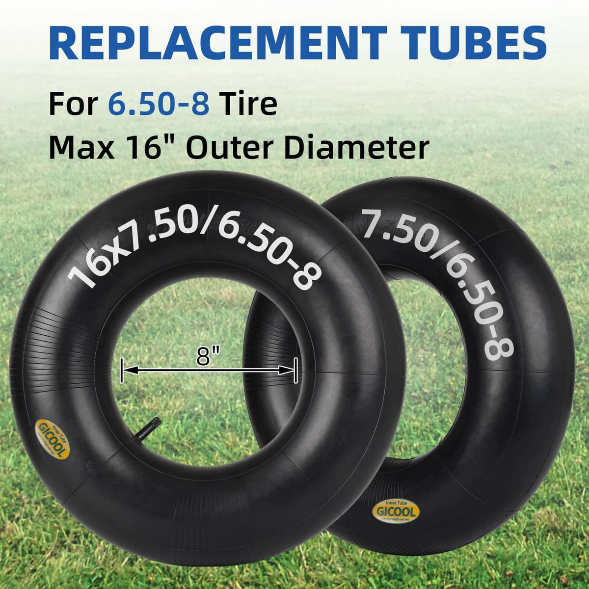 Pair of black replacement inner tubes for 6.50-8 tires, 8 in diameter
