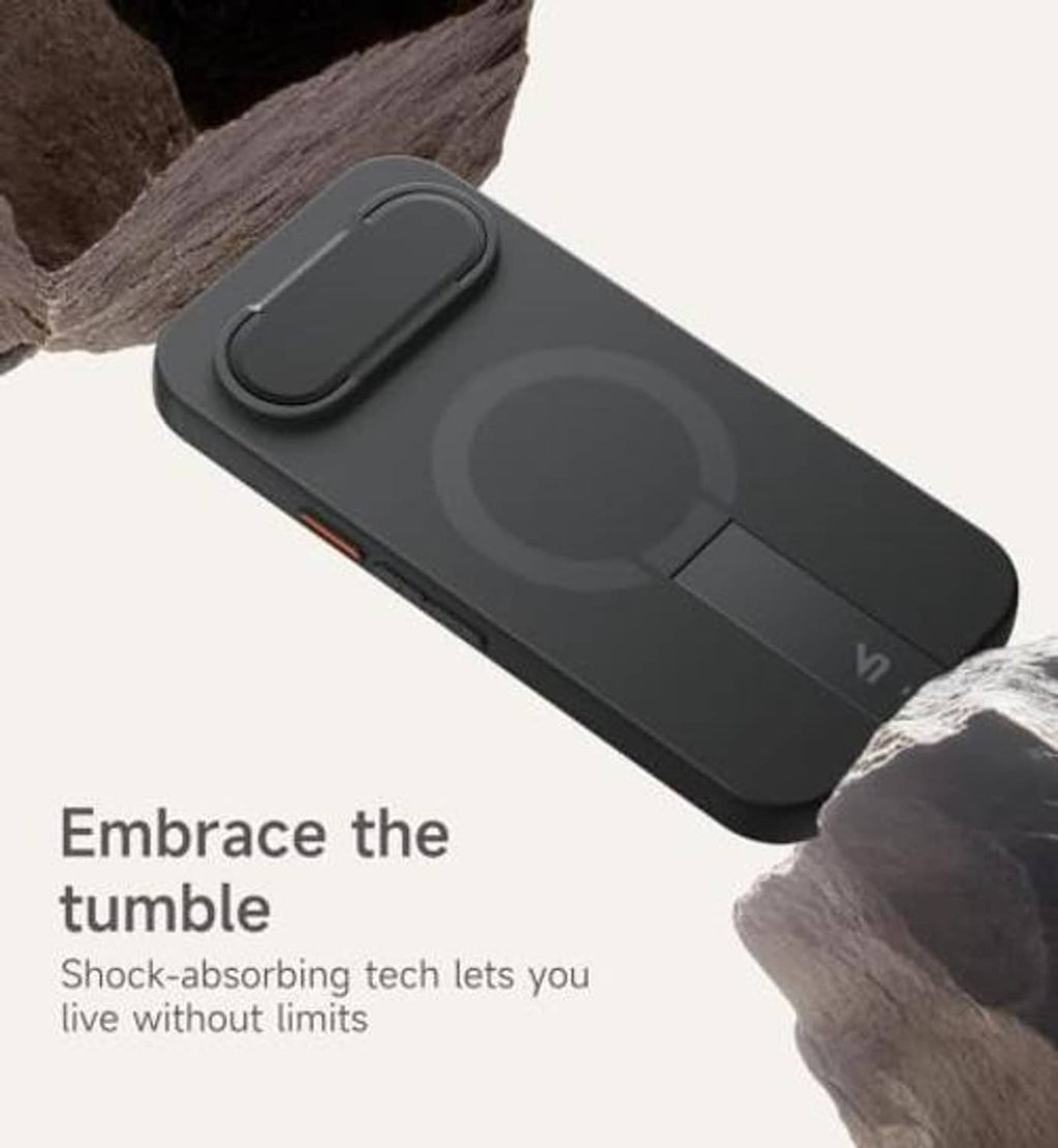 Black MagSafe phone case with fold-out kickstand and textured grip