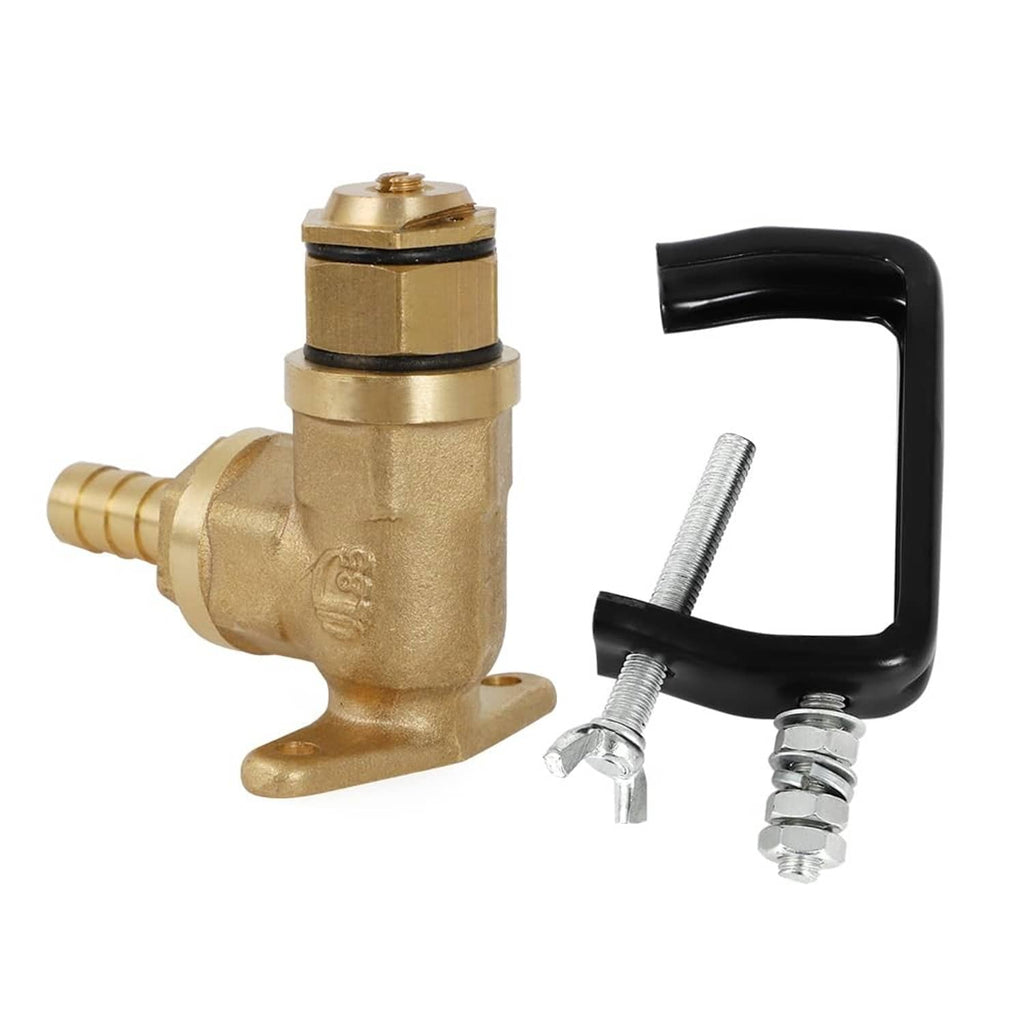 Boomless sprayer nozzle with brass head and black U-handle bracket, bolt hardware